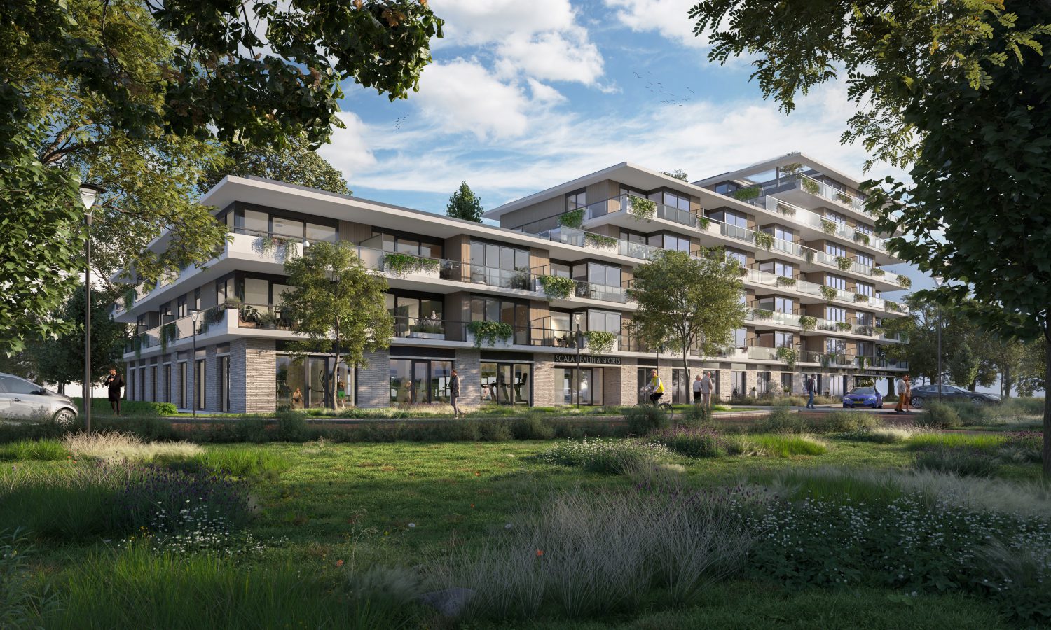 Artist Impression van gebouw Scala. Je ziet veel groen op de voorgrond